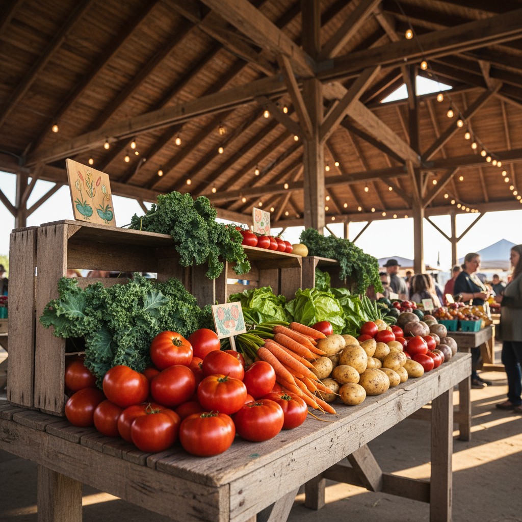 Image of a farm stand. Depicts a wooden table with vegetables: tomatoes, kale, potatoes and carrots. Long coffin-shed and ...